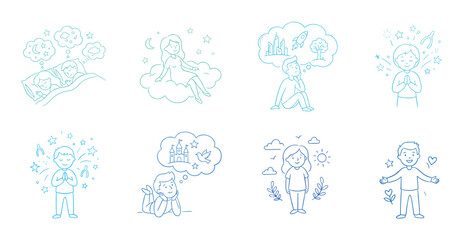 Fototapeta premium People dreaming, imagining, wishing, hoping, feeling positive are depicted in a collection of gradient line art illustrations showcasing various human aspirations and well-being.