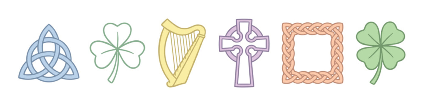 Various traditional Celtic and Irish cultural symbols arranged horizontally, including a trinity knot, shamrock, harp, Celtic cross, and knotwork frame.