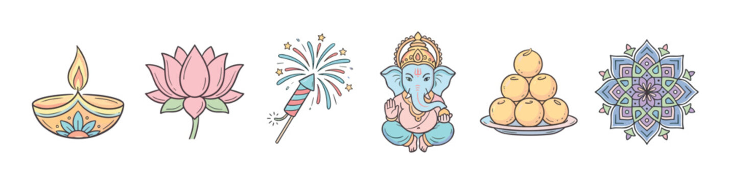 Diya lamp, lotus flower, firecracker, Ganesha, ladoo, mandala illustrations depict a vibrant collection of traditional Indian festival symbols and spiritual elements.