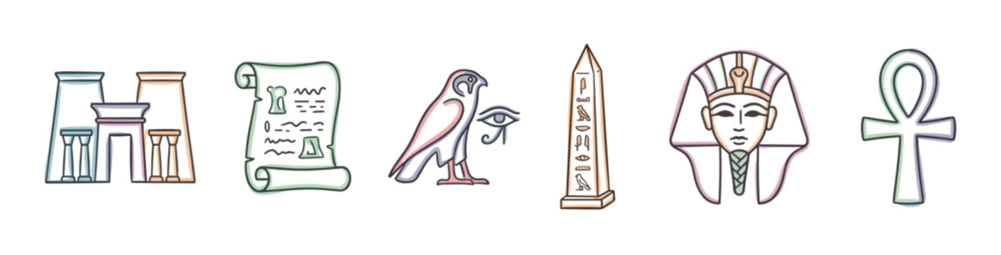 Ancient Egyptian symbols and artifacts collection featuring pharaoh mask, ankh, obelisk, papyrus, and temple structures in a colorful doodle style.