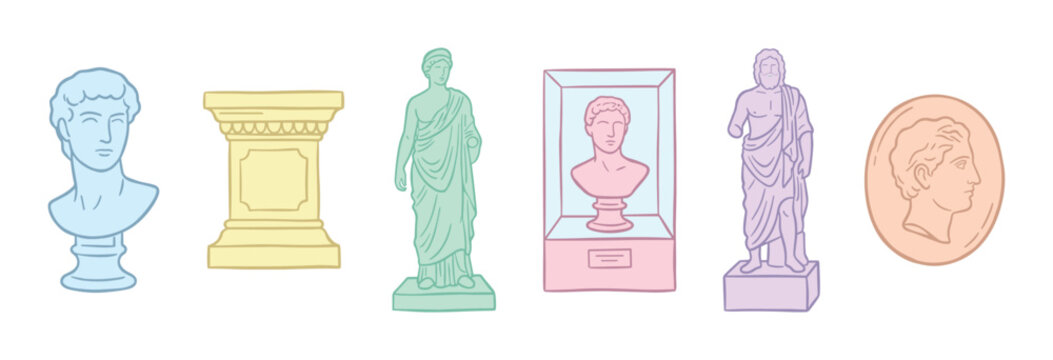 Ancient Greek Roman sculptures busts coin collection displayed in a charming hand-drawn pastel illustration style, representing historical art and artifacts.