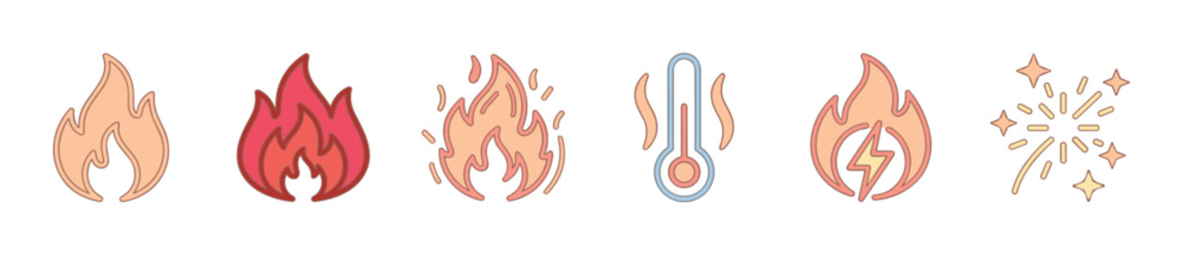 Various fire flame thermometer spark lightning icons illustrating concepts of heat, energy, and danger with a clean, modern vector design.