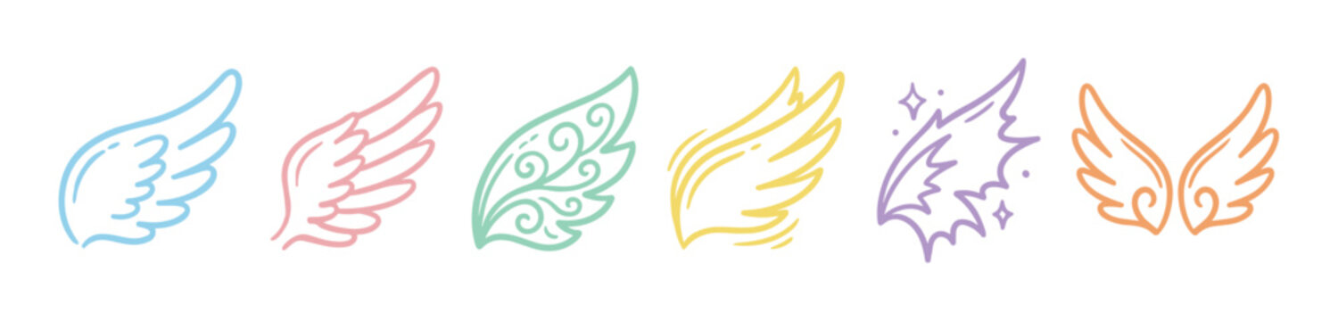 Colorful stylized doodle wing illustrations featuring various artistic designs and soft pastel colors, conveying a sense of lightness and fantasy.