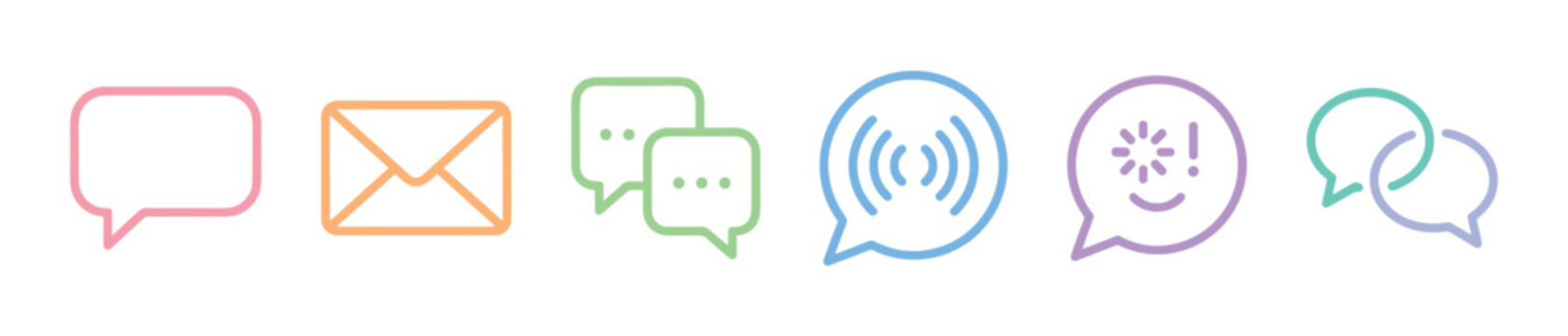 Colorful outline communication icons representing various forms of digital messaging, social media interaction, and online conversation.