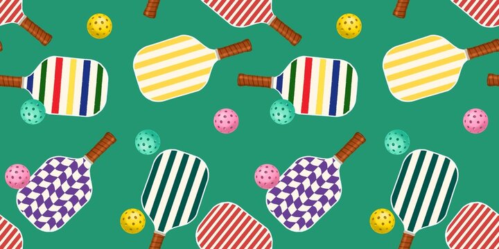seamless pattern of pickleball paddles and whiffle ball  game, vintage, hand-drawn illustration on green background