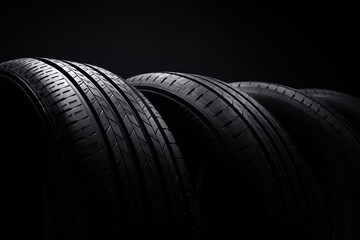 Car tires on a dark background. Close up view of new summer tire tread. © Chinart