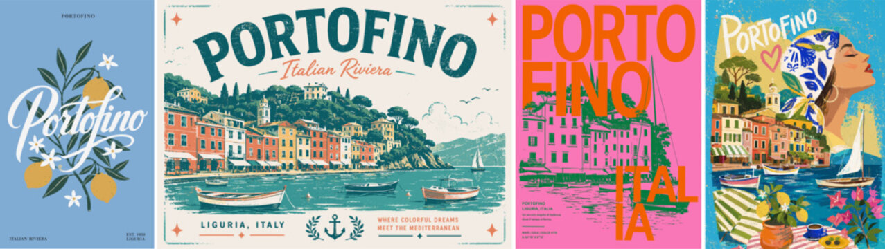 Portofino vector poster set with Italian Riviera harbor, pastel village, sailboats, lemons, flowers and bold typography for Mediterranean travel and summer decor.