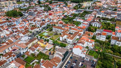 Fototapeta premium Residential district urban layout with beautiful park and historic architecture in Azores