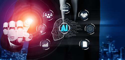Fototapeta premium Businessman Using Artificial Intelligence Interface with Data Analytics Icons and Futuristic Technology Background at Night Quark.