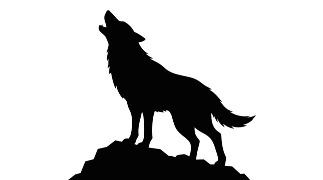 Black silhouette of a wolf howling on a rocky outcrop against a white background