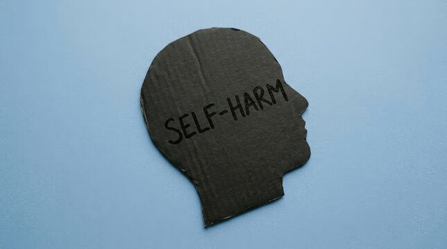 A paper cutout of a human head in profile with the words "self-harm" written on it, symbolizing mental health issues and emotional stress. On a blue background.
