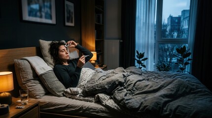Fototapeta premium Woman With Thermometer In Bed Feeling Unwell