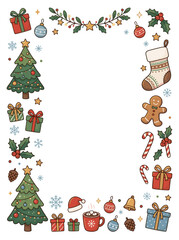 Fototapeta premium Whimsical Christmas Border with Festive Icons and Snowflakes