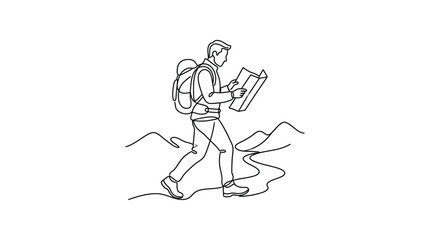 Obraz premium Hiker with backpack reading map in mountains, minimalist line art