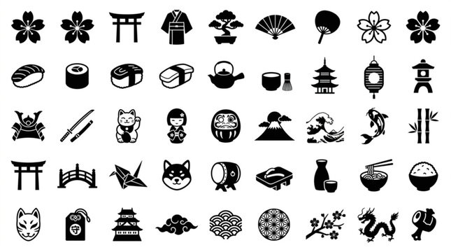 A collection of various Japanese cultural icons and symbols on display