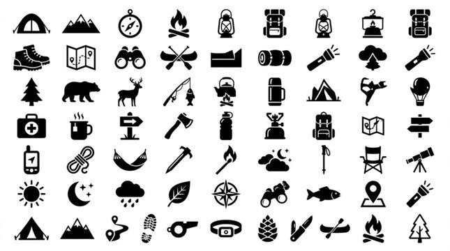 A collection of various outdoor adventure icons featuring animals, gear, and nature symbols arranged in rows on a white background.