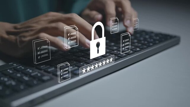 Documents confidentiality concept. Person typing keyboard with document security and privacy icons, confidential information protection, secure file management and data privacy.