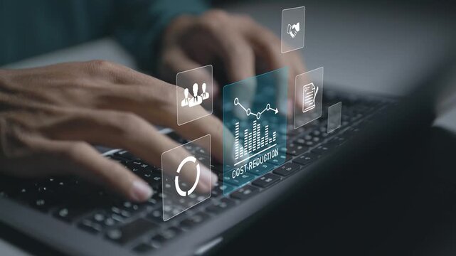 Cost reduction concept. Person using laptop with financial analysis and efficiency icons, expense optimization, budget control and business performance improvement.