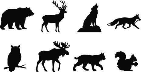Obraz premium Forest Wildlife Animal Silhouettes Collection Featuring Bear, Deer, Wolf, Fox, Owl, Moose, Lynx, Squirrel