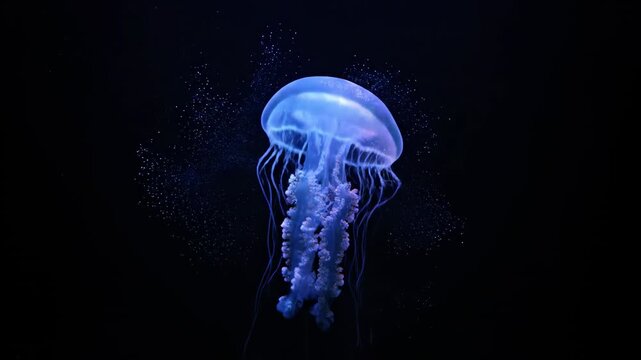 Glowing jellyfish floats in dark abyss with trailing tentacles and delicate details
