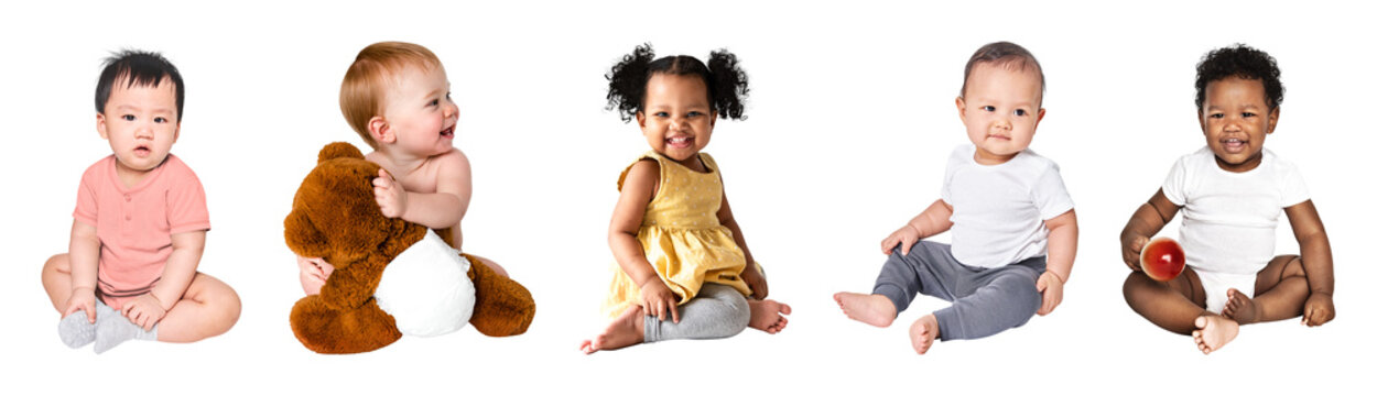 PNG Diverse happy babies sitting together on transparent background