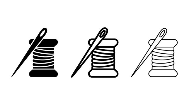 Sewing thread spools with needles black outline and filled styles