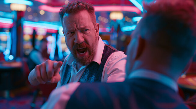 Furious bearded man aggressively pointing and shouting during a heated argument in a casino. Cinematic concept of gambling conflict, rage, frustration, and losing control