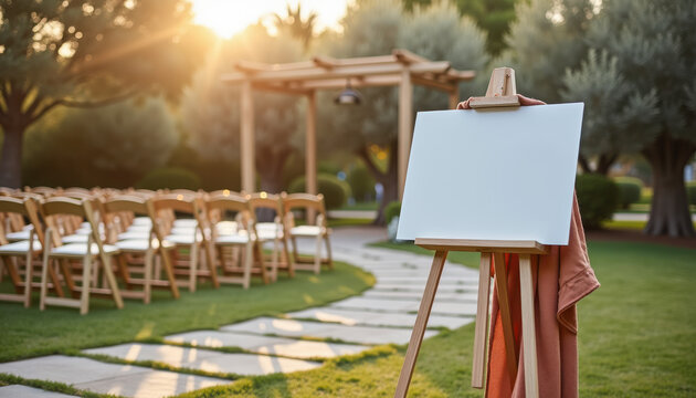 Blank canvas easel at outdoor wedding venue at sunset