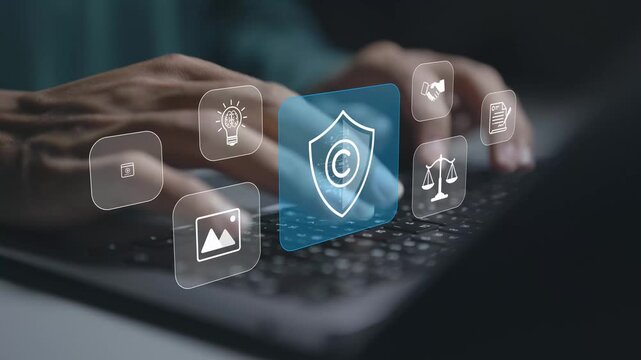 Copyright protection concept. Person using laptop with intellectual property and legal icons, content ownership, digital rights management and creative asset protection.