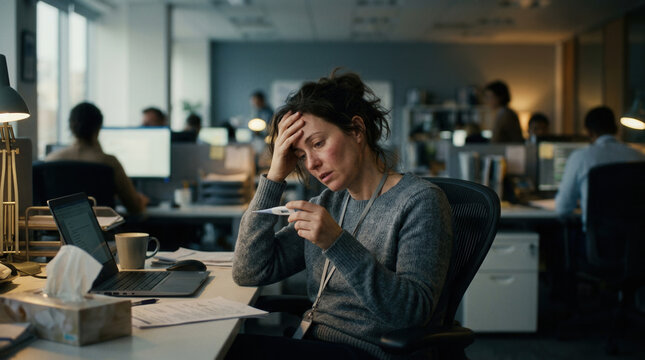 Woman Suffering From Illness Measures Temperature While At Her Workplace