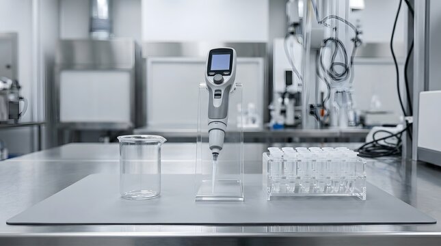 Modern electronic pipette stands vertically on a clear acrylic holder beside a glass beaker and a plastic test tube rack