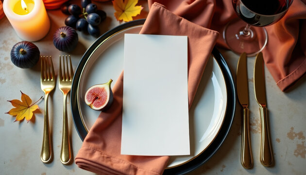Autumn table setting with blank menu card and fall decorations