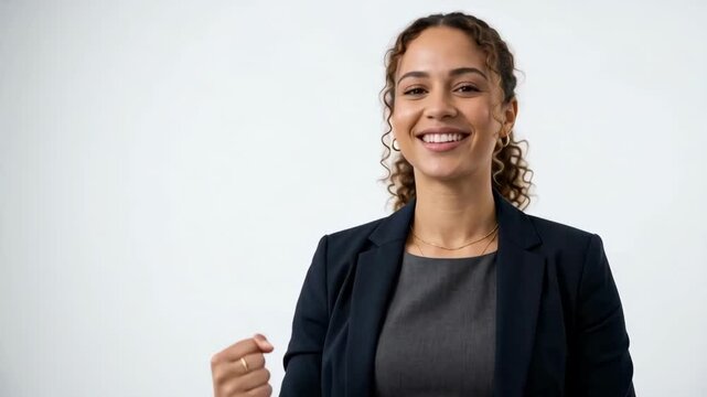 Confident businesswoman smiling and flexing her arm while sitting at an office desk. Concept of female leadership, empowerment, success, confidence, and career growth.