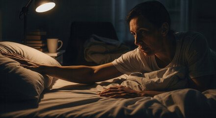 Fototapeta premium Woman Suffering From Insomnia Reaching Out In Bed Under Warm Lamp Lighting