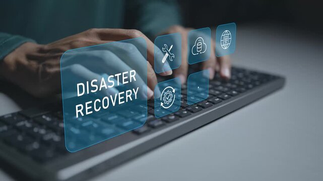 Disaster recovery concept. Person typing keyboard with backup and cybersecurity icons, business continuity, data recovery and risk management solutions.