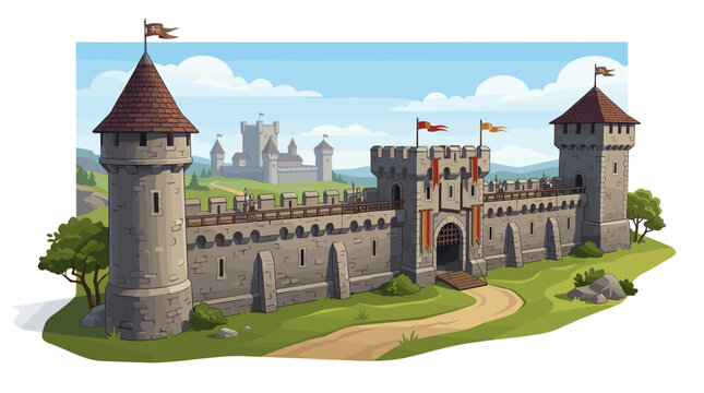 Medieval Castle Fortress with Towers Battlements and Guards on a Sunny Day with Distant Castles