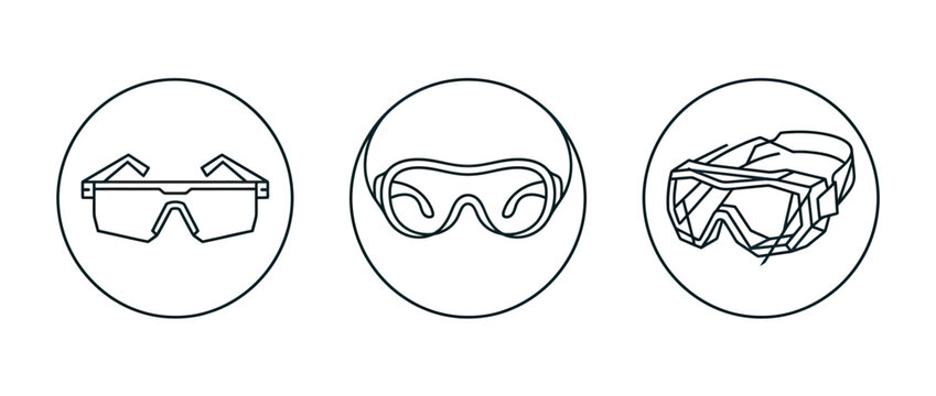 Line drawing illustrations of three different safety eyewear or goggle styles for protection