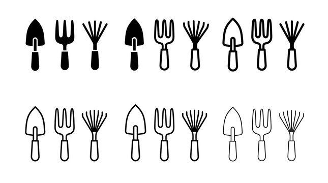 Gardening tool silhouettes and outlines in black and white