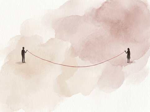 Two silhouettes connected by red thread across distance, minimalist concept illustration of love fate and longing in muted watercolor tones