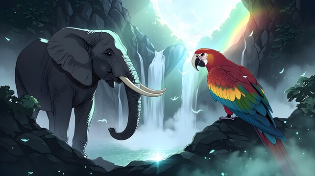 elephant and parrot in the jungle glade