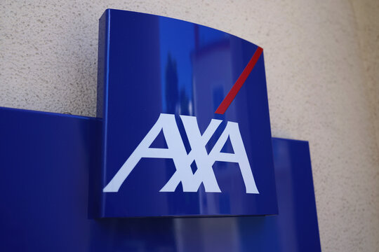 VICHY, FRANCE - JUNE 11, 2026: AXA insurance office blue corporate logo sign on wall