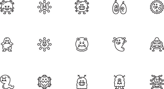 Cute viruses, bacteria and microbiology outline vector icons