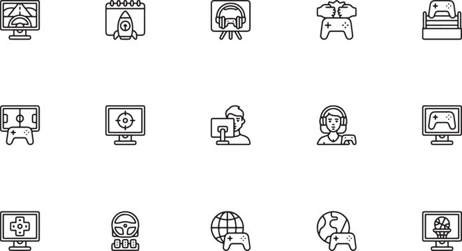 Esports players, game launch and VR gaming outline vector icons