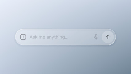 Naklejka premium Artificial intelligence search bar with ask me anything prompt. Modern frosted glass user interface element for chat application. Digital query input field for future technology interaction.