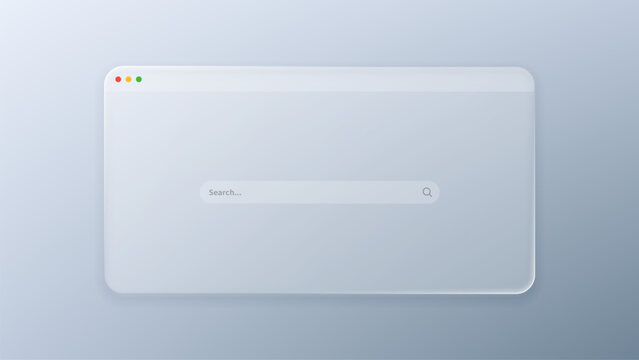Browser window with search bar in liquid glass morphism style. Modern UI element with blurred translucent effect. Clean web design template for digital interface and internet search.
