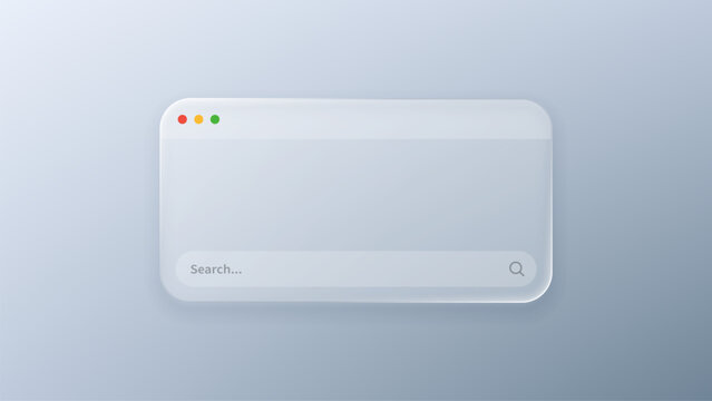 Liquid glass morphism search window for web interface design. Frosted blur effect panel with browser buttons. Modern ui element for application and website navigation. Vector graphic.