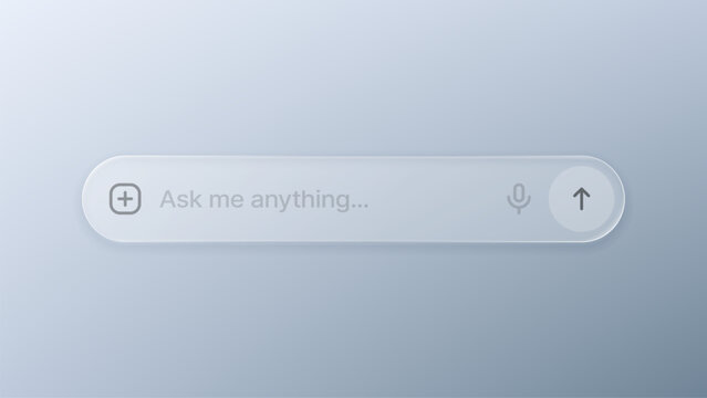 Artificial intelligence search bar with ask me anything prompt. Modern frosted glass user interface element for chat application. Digital query input field for future technology interaction.