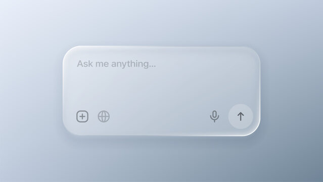 Frosted glass user interface chat box with artificial intelligence text prompt. Modern sleek input field design for messenger application and virtual assistant software development.