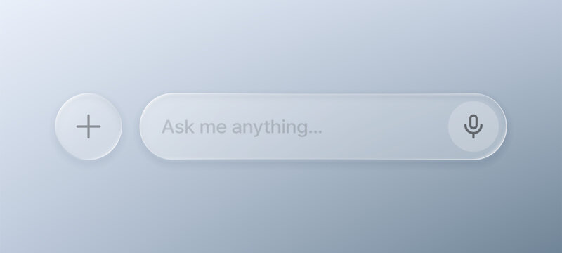 Artificial intelligence search bar with microphone icon. Frosted glass user interface element for chatbot. Digital chat assistant concept for web design and software development application.