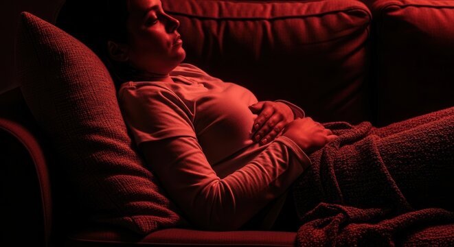 Woman Resting Comfortably Under Red Ambiance Light